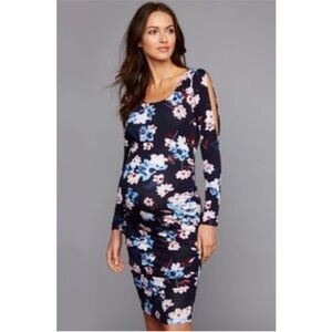 A Pea in The Pod Maternity Dress Blue Pink Floral Sheath Stretch Knit Sz S